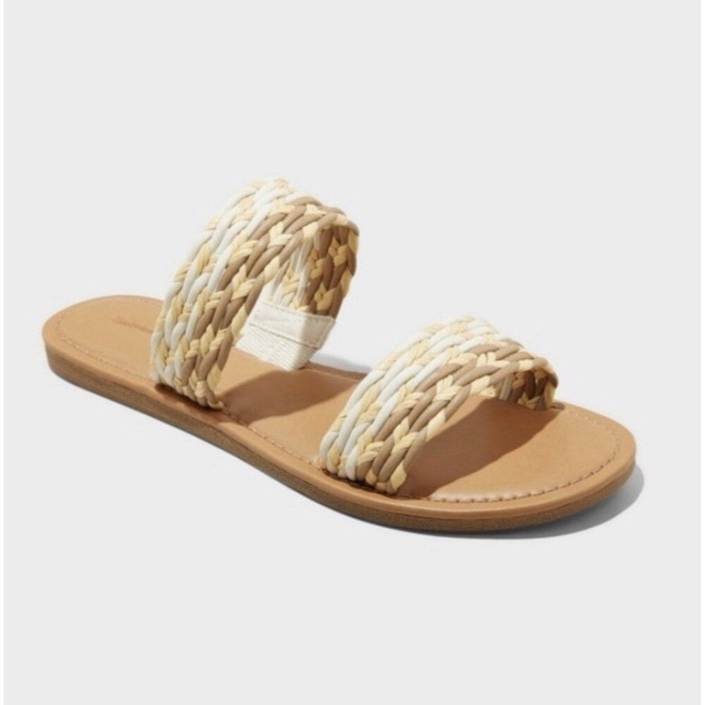 Universal Thread Womens Anita Sandals Slides Size 10 Boho Two-Band Tan White